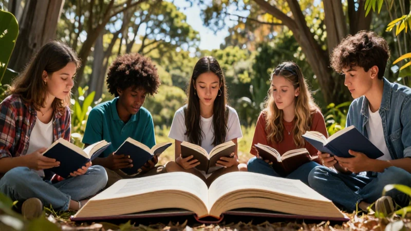 Explora los temas principales en literatura juvenil australiana 3 Jóvenes australianos estudian con libros modernos