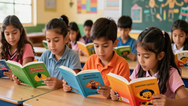 Textos familiares: información, importancia y ejemplos 4 Niños leyendo libros vibrantes en entorno mexicano