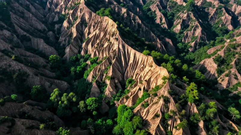 Montaña majestuosa con vegetación vibrante y gestión humana