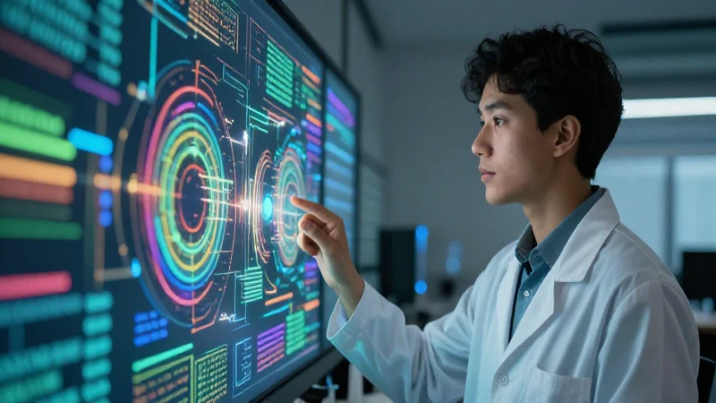 Joven investigador con datos abstractos en un entorno mexicano