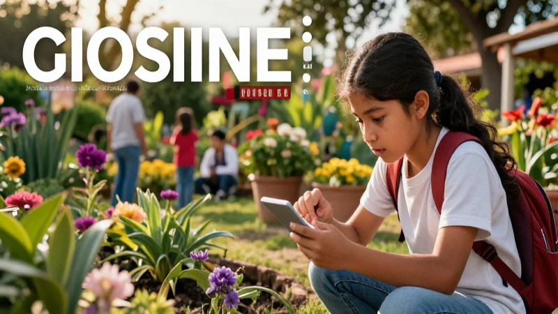 Estudiante observa un vibrante jardín mexicano al atardecer