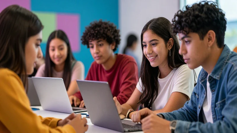Estudiantes mexicanos aprendiendo con tecnología moderna