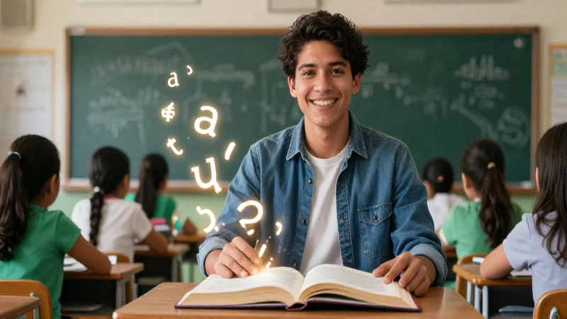 cuán o cuan: Cómo se escribe correctamente en español 4 Joven maestro dinámico en vibrante aula mexicana