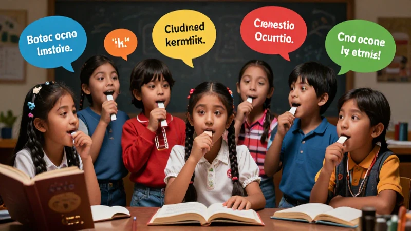Te gustan los trabalenguas que aparecen en cuentos divertidos 6 Niños mexicanos recitando trabalenguas en un entorno lúdico y educativo