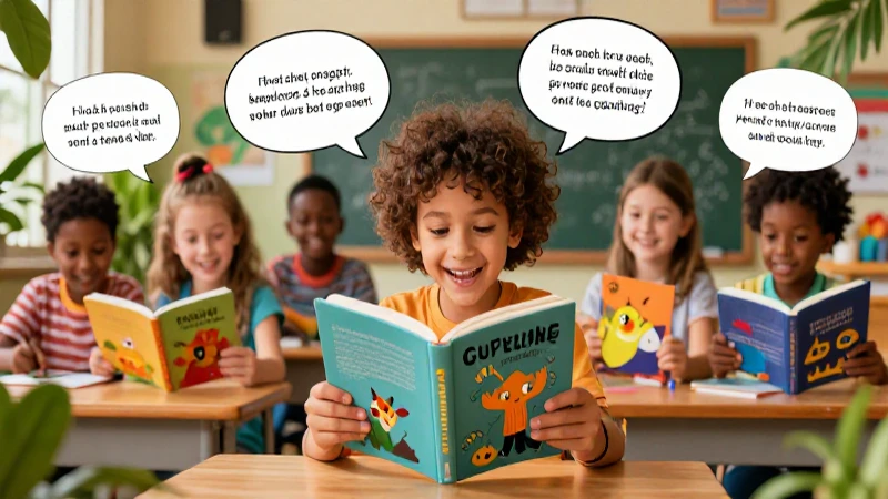 Te gustan los trabalenguas que aparecen en cuentos divertidos 8 Niño feliz lee libro en clase tropical vibrante