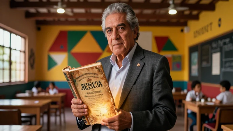 Líder educativo mexicano con libro antiguo en entorno escolar