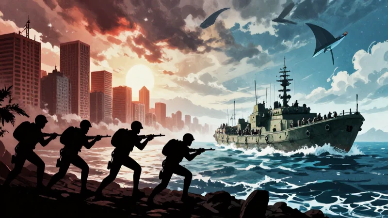 Dramática ilustración de guerra urbana y costera