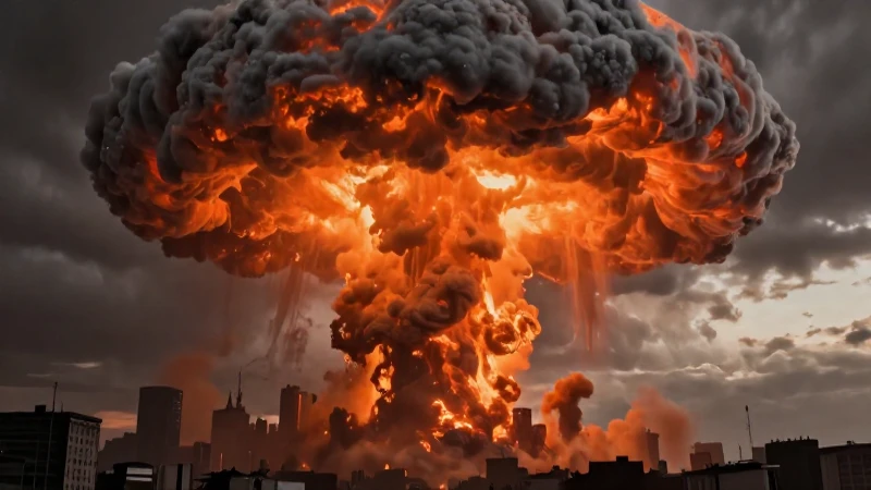 Nube atómica épica sobre ciudad devastada