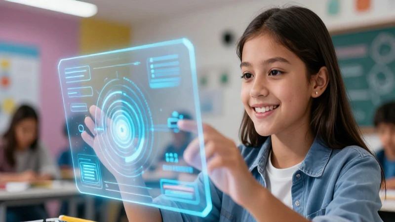 Joven mexicana sonriente usa interfaz holográfica educativa