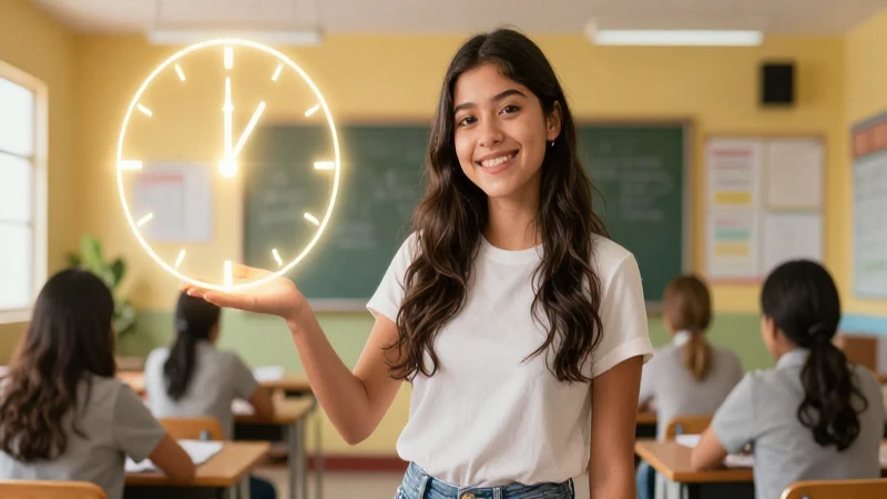 Conoce cuántas horas en 90 minutos y resuelve tu duda al instante 5 Estudiante sonriente en aula moderna con reloj abstracto