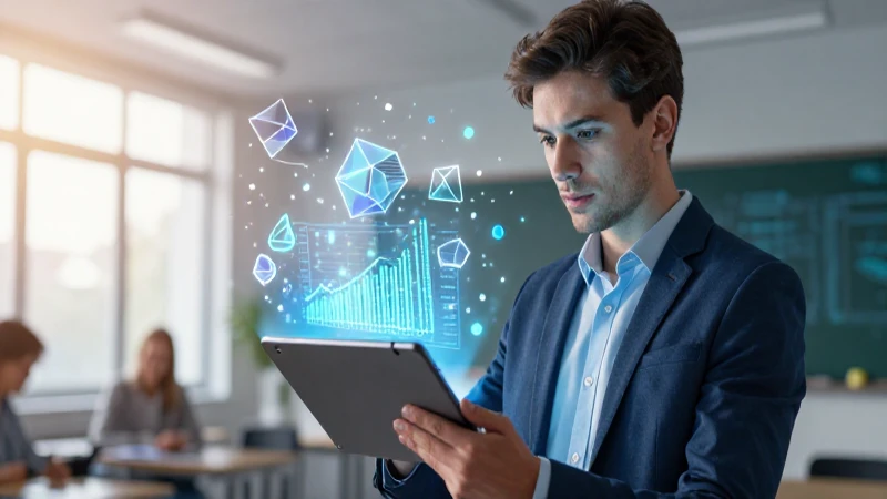 Académico brillante con tablet de datos en aula moderna