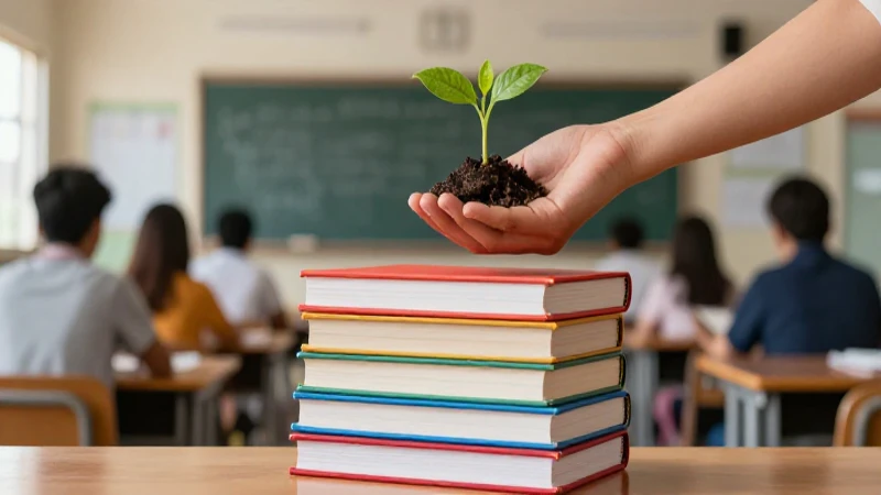 Manos con planta entre libros educativos
