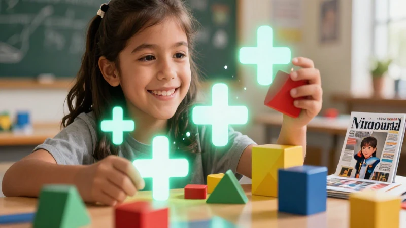 Estudiante alegre aprende matemáticas con vibrantes bloques