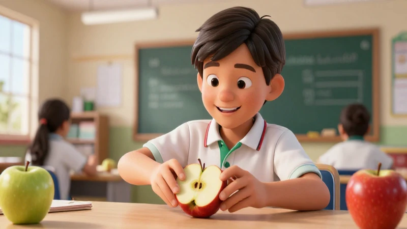 Estudiante divide manzana en entorno escolar moderno