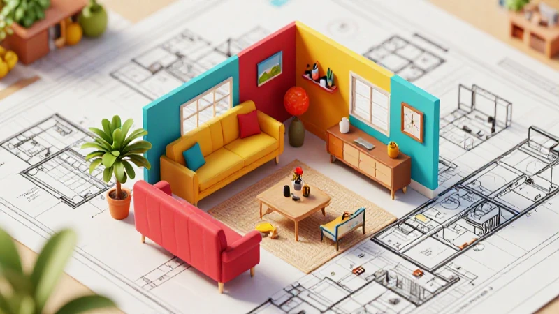 Habitación estilizada dentro de un plano comunitario vibrante