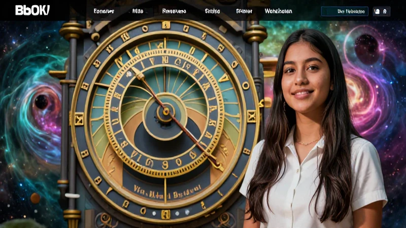 Joven estudiante con reloj astronómico y fondo cósmico