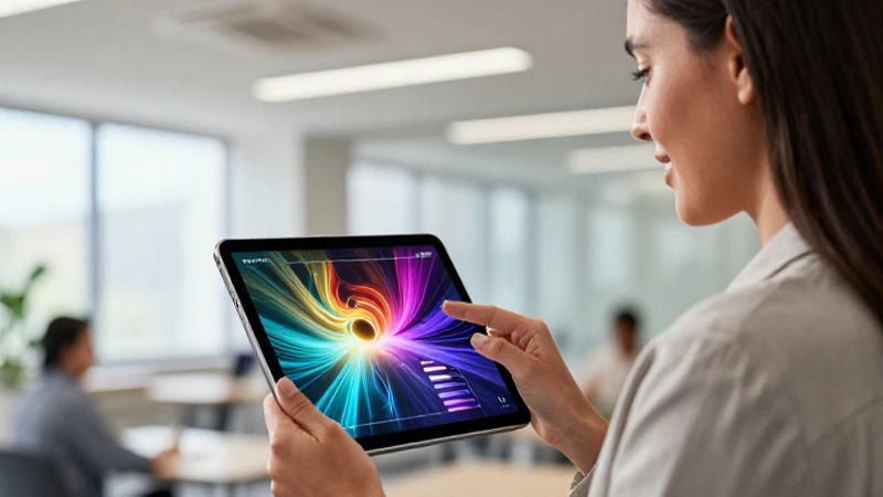 Maestra moderna con tablet en entorno académico vibrante