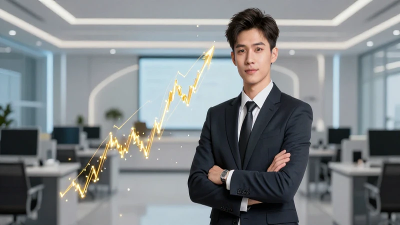 Hombre profesional con gráficos financieros dorados y moderno