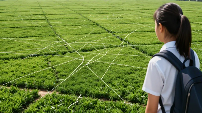 Paisaje verde con cuadrículas visto por un estudiante