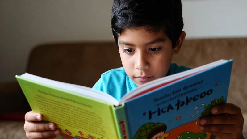 Niño mexicano leyendo un libro vibrante en primer plano