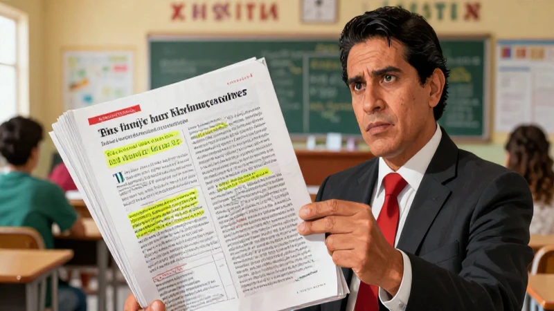 Educador mexicano revisando error en libro educativo