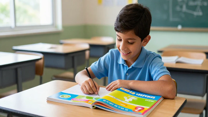 Niño mexicano sonriente estudia libros de primaria