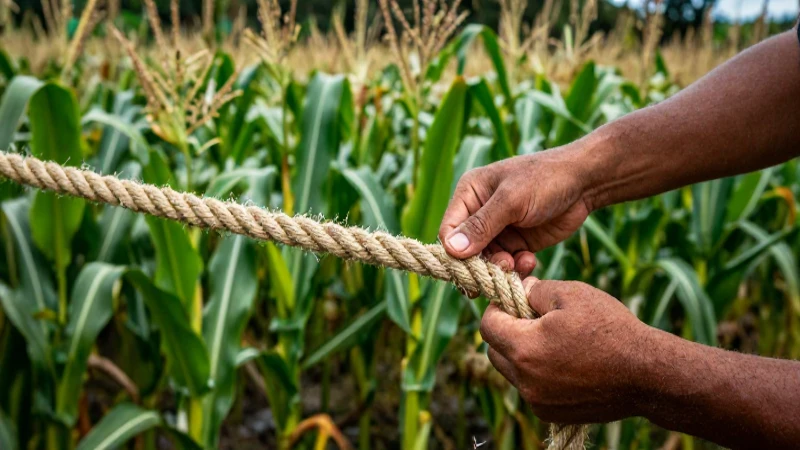 Cuerda rústica, manos en campo guatemalteco