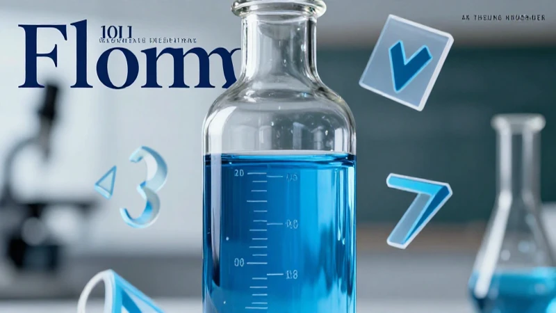 Botella de vidrio con líquido azul y símbolos flotantes