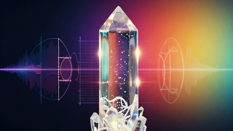 Cristal brillante con líquido iridiscente y datos abstractos