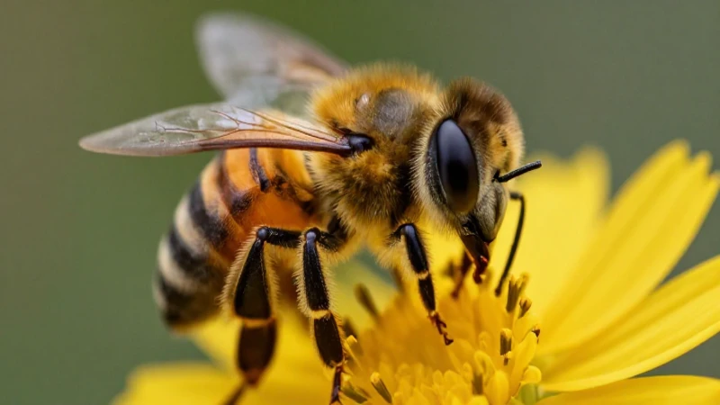 Macro detallada de abeja y flor vibrante