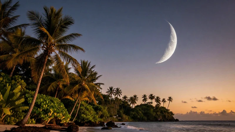 Cuarto Menguante: Influencia, Definición y Concepto 4 Luna creciente en paisaje tropical, iluminación dorada cinematográfica