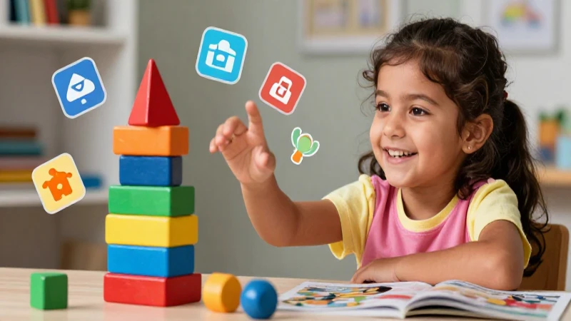 Niña feliz jugando con elementos didácticos coloridos
