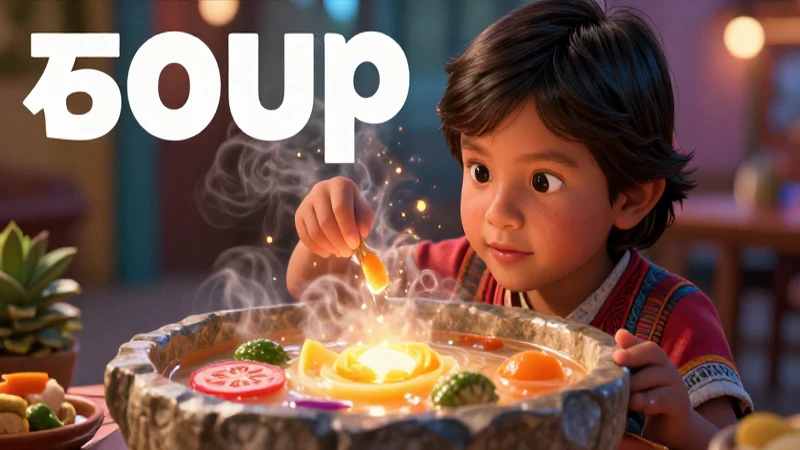Niño mexicano observa sopa mágica detallada