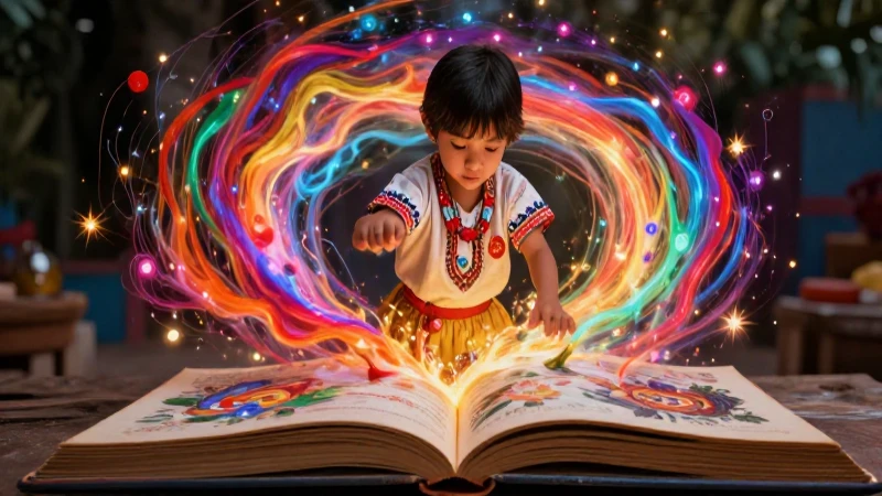 Cuento de los colores: un mundo lleno de magia y vibrantes 5 Niño mexicano mágico con colores vibrantes en un libro