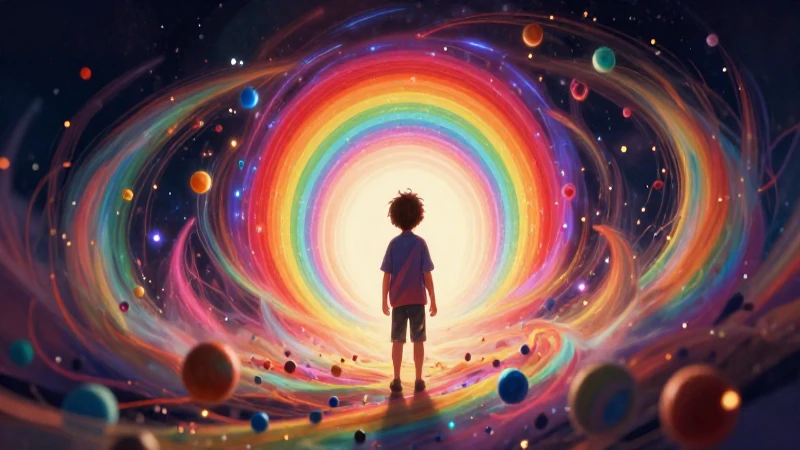 Cuento de los colores: un mundo lleno de magia y vibrantes 8 Niña curiosa en portal mágico de colores