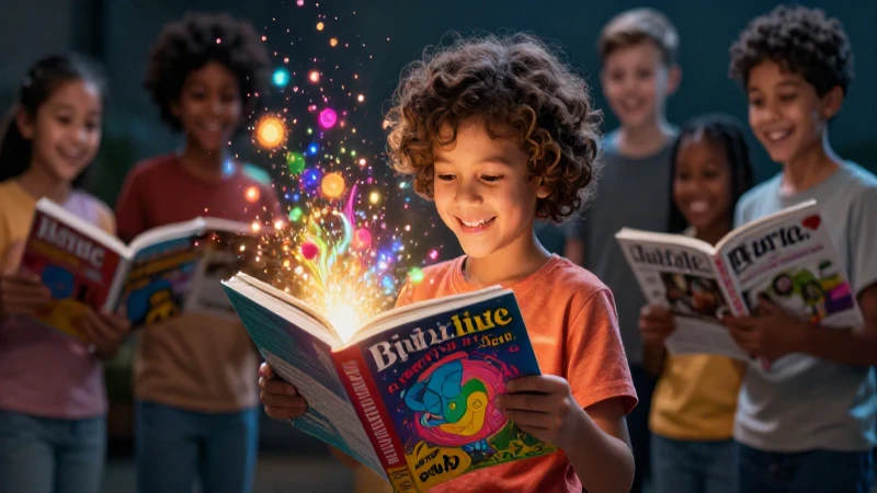 Cuento de los colores: un mundo lleno de magia y vibrantes 7 Niño feliz lee libro mágico con partículas luminosas