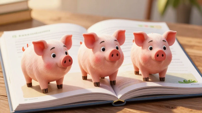 Cerditos estilizados en libro educativo vibrante