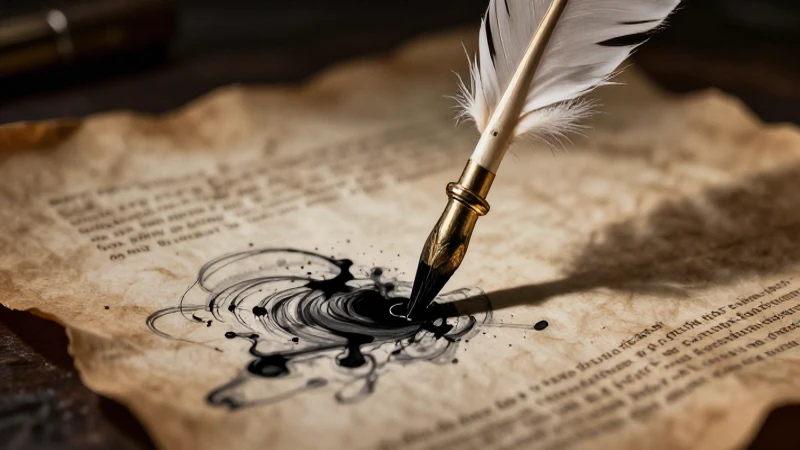 Cuento de suspenso: Cómo escribir terror que atrape 4 Pluma vintage sobre papel antiguo con tinta dinámica