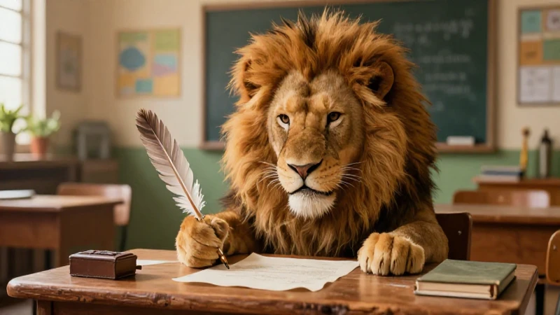 Cuento para Imprimir: El León Que No Sabía Escribir 4 León caprichoso escribiendo en escritorio detallado