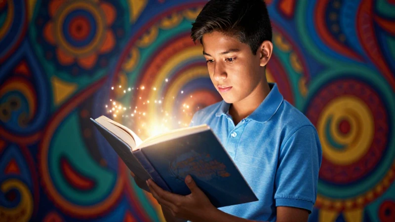 Cuentos de 100 palabras: Santiago en 100 microcuentos 8 Estudiante mexicano iluminado con un libro vibrante