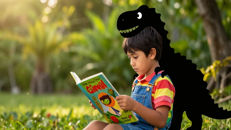 Cuentos de Dinosaurios PDF: Diversión y Aprendizaje 3 Niño mexicano lee libro junto a dinosaurio