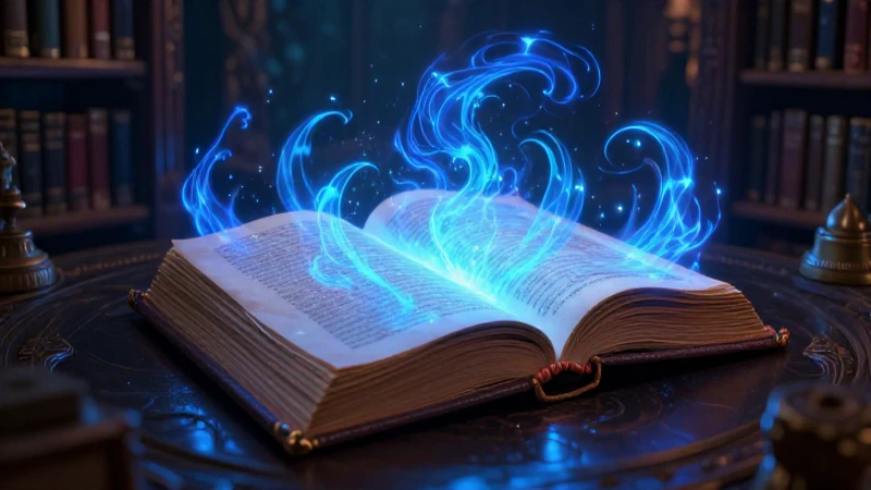 Libro antiguo misterioso con energía azul en biblioteca