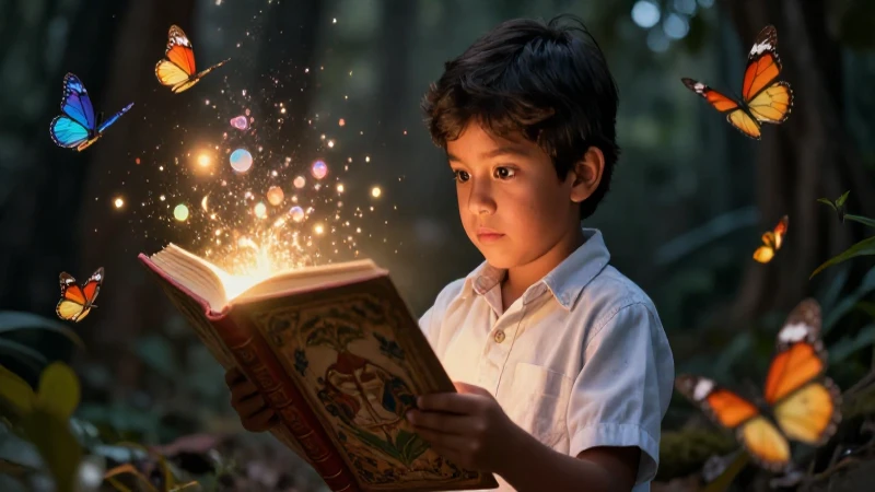 Niño mexicano mágico con libro antiguo