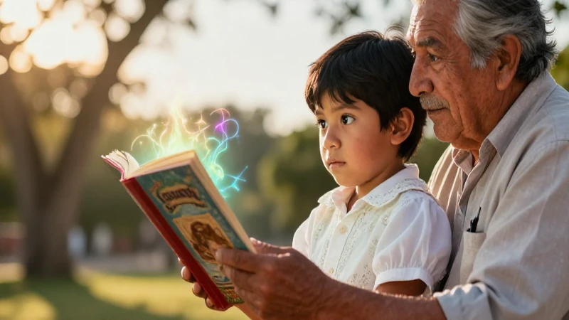 Niño escucha cuento mágico al atardecer