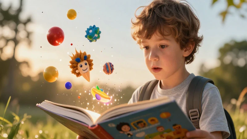 Niño curioso lee libro mágico con estilo vibrante