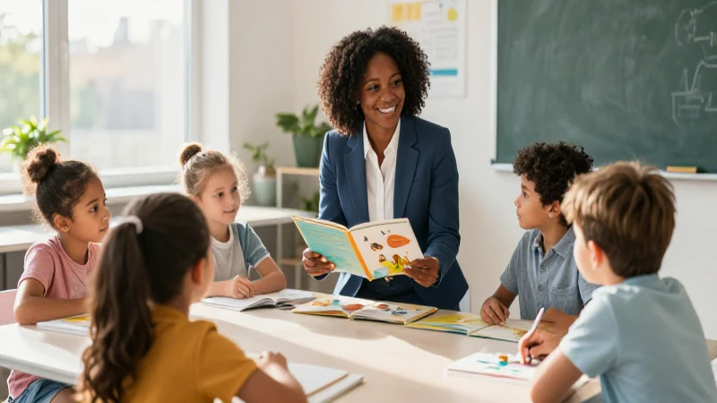 Maestra vibrante con estudiantes en clase