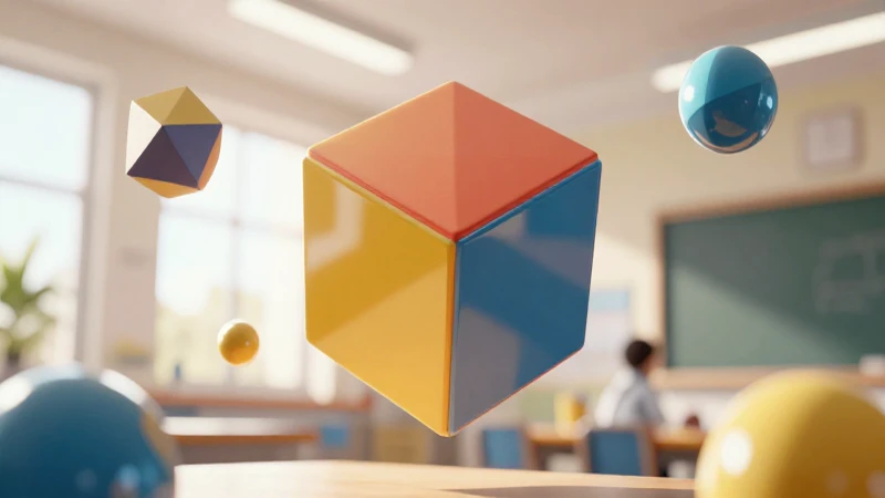 Sólidos geométricos flotan en entorno educativo iluminado