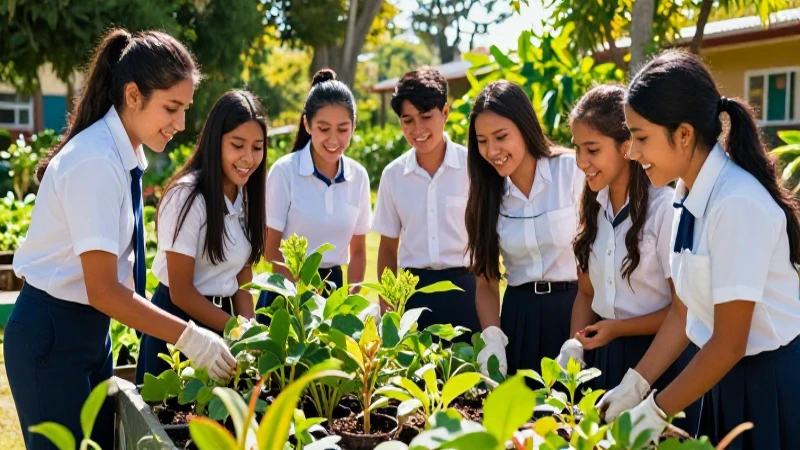 Estudiantes mexicanos cuidan su jardín escolar vibrante
