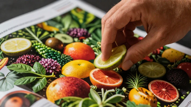 Mano prueba frutas frescas en estilo moderno