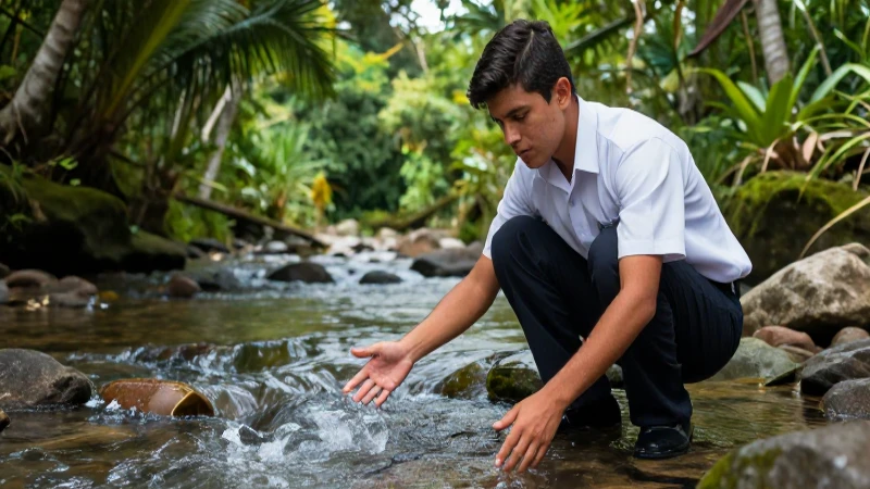 Joven estudiante en entorno tropical y río